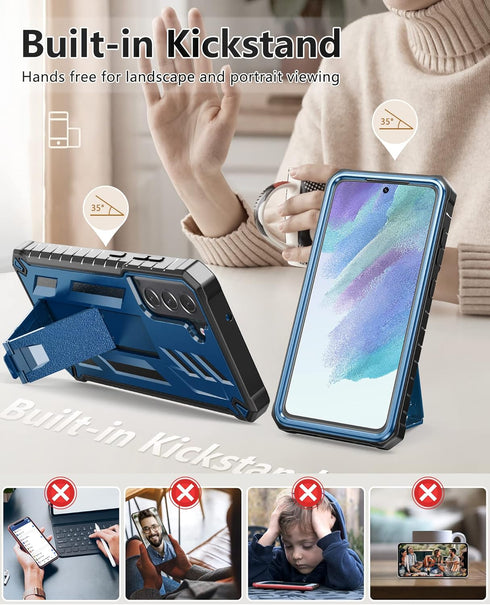 Samsung Galaxy S21-FE Phone Case, Dual-Layer Military Grade Drop Proof Cover with Kickstand, Blue
