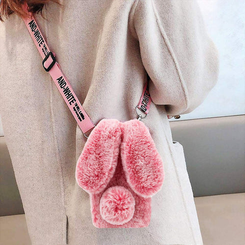 3D Bunny Ears Plush Case for iPod Touch 5/6/7, Winter Warm Handmade Bling Diamond Soft Cover, Pink