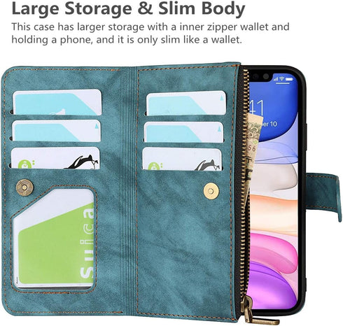 iCoverCase for iPhone 11 Wallet Case, Card Holder and Wrist Strap, PU Leather Flip Cover Case 6.1 Inch (Blue)