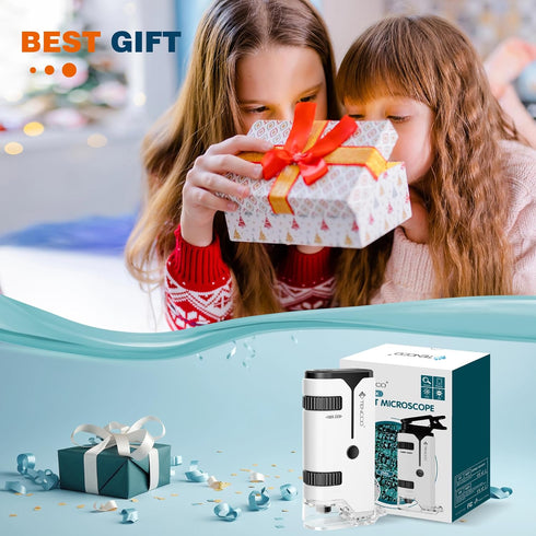 100x-250x Mini Pocket Microscope for Kids Adults, Portable Handheld Microscope with 5 Slides, Phone Adapter