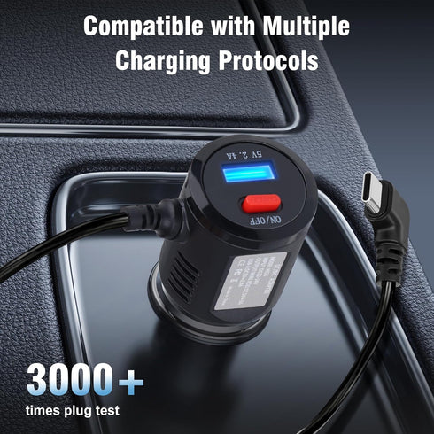 GIASYIEH 90 Truck(11.5FT) Dash Cam Charger USB C, Dual Port Dashcam Power Adapter with Switch Type C Degree Angled Car