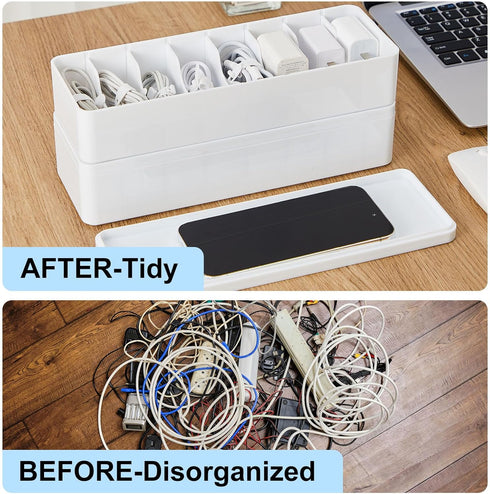 Tatuo 2 Pcs Cable Organizer Box with Wire Ties, Plastic Cord Storage Box with Lid for Home Office Accessories