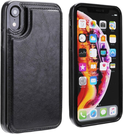 iPhone XR Wallet Case with Card Holder - Premium PU Leather Kickstand Case, Durable Shockproof Cover (Black)