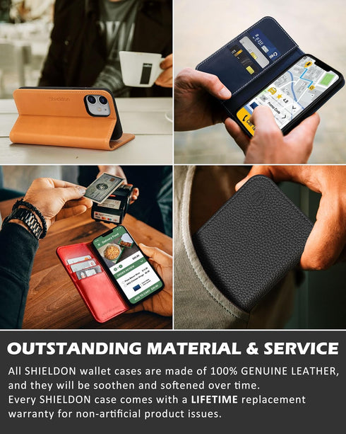 SHIELDON Case for iPhone 12/12 Pro 5G, Genuine Leather Wallet Case with RFID Blocking and Kickstand