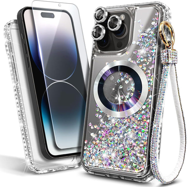 iPhone 15 Pro Max Magnetic Case with Tempered Glass Screen Protector, Glitter Floating Liquid Cute Design, Diamond