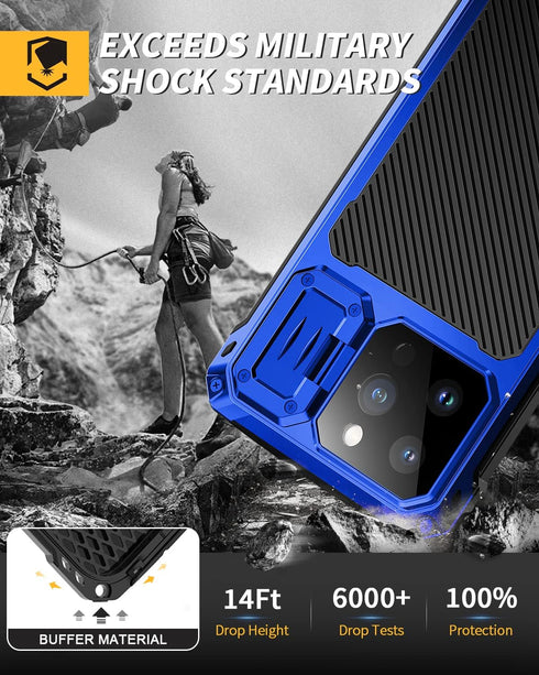 Lanhiem for iPhone 14 Pro Max Metal Case, Built-in Camera Kickstand & Tempered Glass Screen Protector, Blue