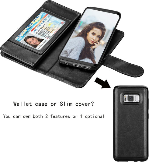 NJJEX for Galaxy S8+ Case - PU Leather Wallet Case with 9 Card Slots, Detachable Kickstand, Black