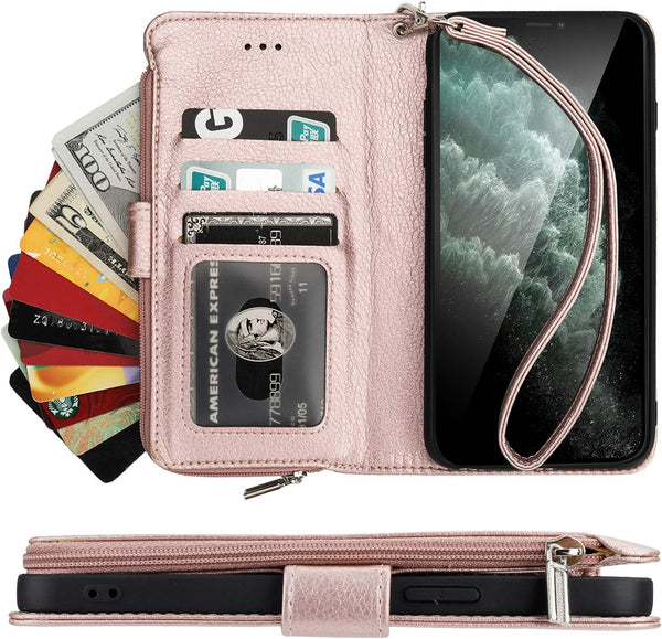 KIHUWEY Premium Leather Wallet Case for iPhone 12 Pro Max, Zipper with Card Holder, Wrist Strap, Rose Gold