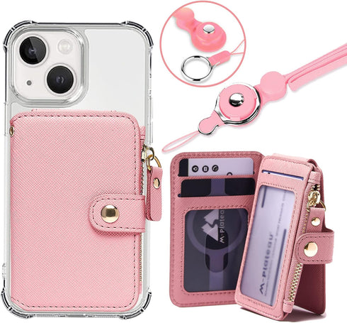 M-Plateau Stick-On Phone Wallet, PU Leather Card Holder with Zipper Coin Pocket for iPhone and Case
