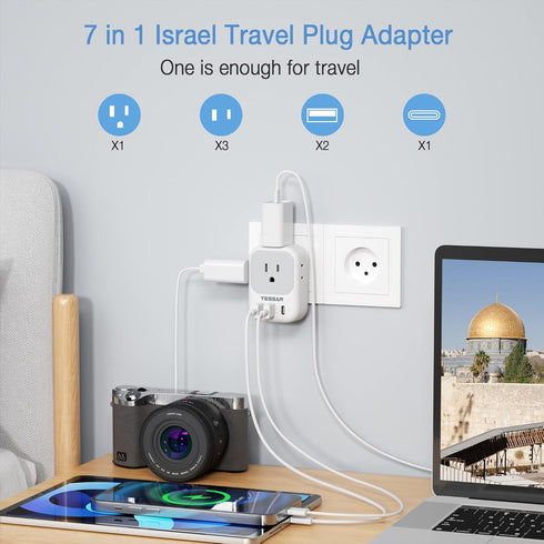 TESSAN Israel Power Adapter, US to Israel Plug Adapter with 4 American Outlets, 3 USB Charger