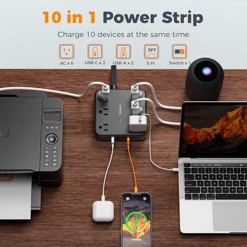 TESSAN 5Ft 6 4 (2 2100 Black Extension Cord with Multiple Outlets, Surge Protector Power Strip with Outlets and USB