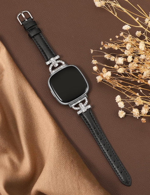 Minyee Leather Bands Compatible with Fitbit Versa 4/Versa 3/Sense 2/Sense Band for Women, Dressy Bling Slim Leather Strap with D-shaped Diamonds Metal Buckle for Versa 4
