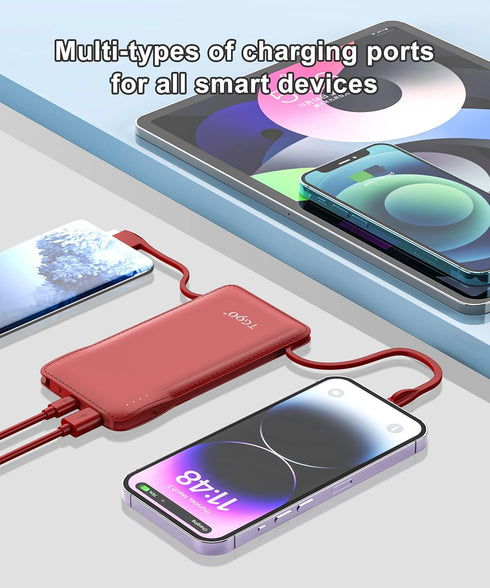 TG90° Portable Charger 10000mAh Cell Phone Battery Backup, Ultra Slim Power Bank with Built-in Cables for iPhone16/15