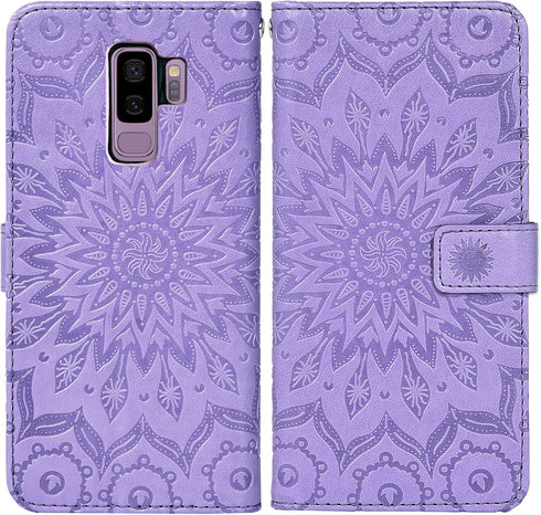 Samsung Galaxy S9 Plus Wallet Case with Tempered Glass Screen Protector, Leather Flip Cover (Purple)