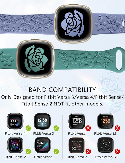 Minyee 2 Pack Floral Engraved Band for Fitbit Versa 4/Versa 3/Sense 2/Sense, Cute Embossed Silicone Wildflower Design