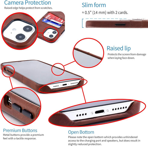 Dockem Wallet Case for iPhone 12 & 12 Pro, Built-in Metal Plate for Magnetic Mounting, 2 Credit Card Holders (Brown)
