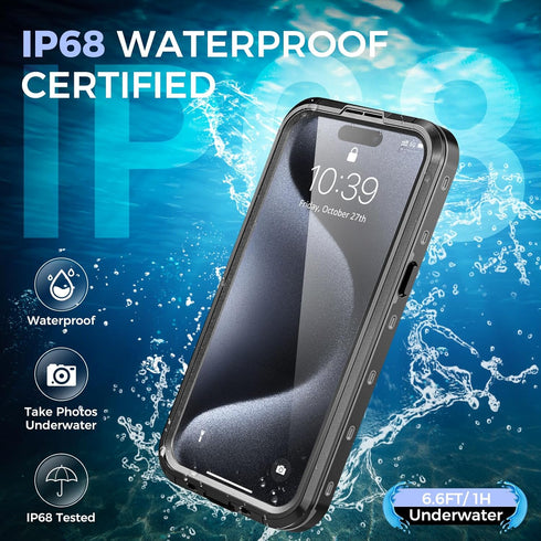 iPhone 15 Pro Max Case Waterproof - IP68 Case with Kickstand, Impact Resistant TPU + PC, Suitable for Diving, Swimming,