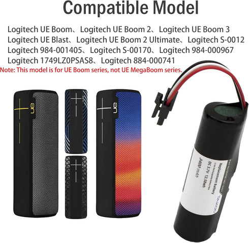 Replacement Battery for Logitech UE Boom/UE Boom2/UE Blast/UE Boom 3 Wireless Bluetooth Speaker fits Part No Logitech S-00151/S-00122/S-00170/S-00166 3400mAh/3.7V