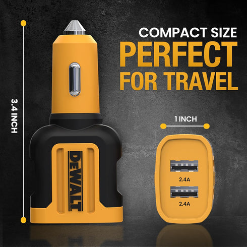 DEWALT 2-Port USB Car Charger, 24W Fast Charge Dual Port USB-A for iPhone 14 13 12 11 Pro Max X XR XS 8 Plus 6s