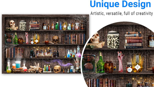 Funnytree 82" x 59" Mad Scientist Laboratory Backdrop for Kids Halloween, Creepy Skull Poison Apothecary Party Supplies