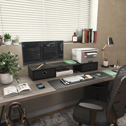 2 WESTREE Dual Monitor Stand Riser with Two Drawers, Extra Large Storage Monitor Stand for Monitors, Desktop Oraganizer