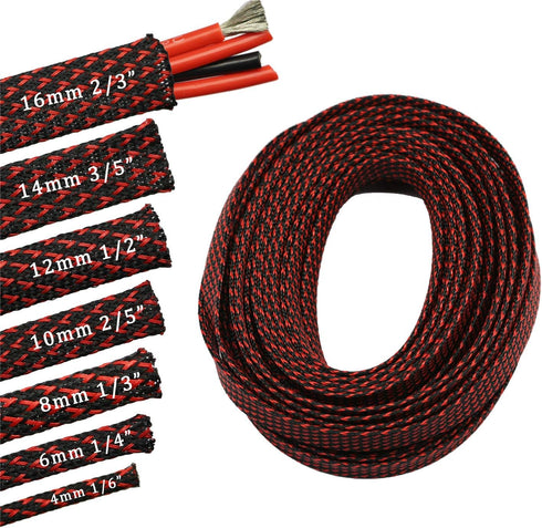 30ft PET Expandable Sleeving Wire Cable Sleeve, 1/6", Red & Black