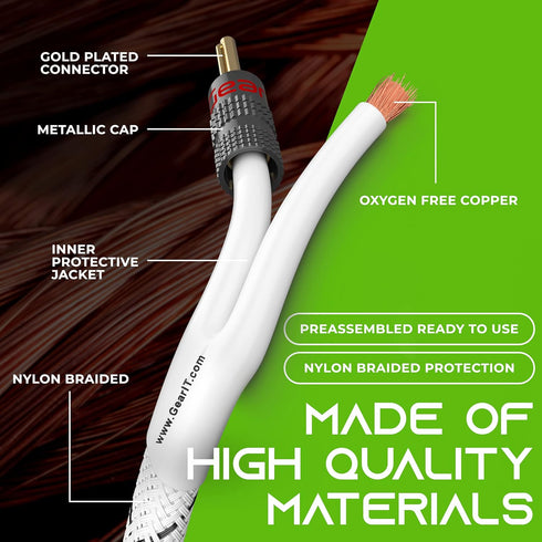 GearIT 10AWG Speaker Cable Wire - Gold-Plated Banana Tip Plugs, 6 Feet, Heavy Duty Braided, White