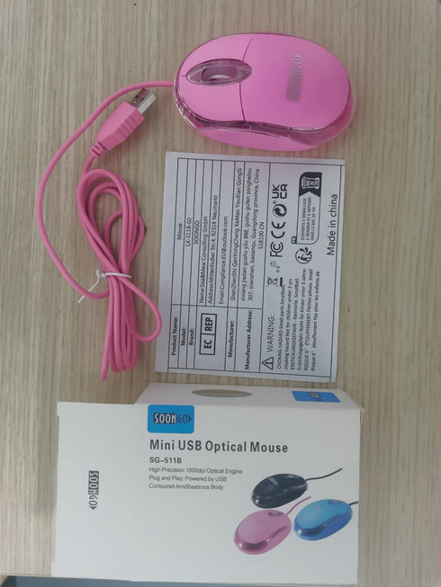 SOON GO Pink Computer Mouse with 1.5m USB Cable, Compatible with Windows, Mac, Ideal for Office, Home, Kids