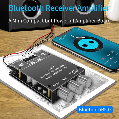 ZK-1002T 100W+100W 2.0 TPA3116D2 9-24V, Bluetooth Amplifier Board with Treble and Bass Control, Channel Stereo Audio