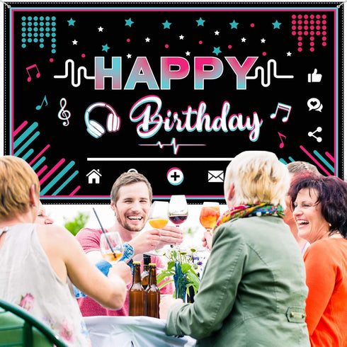 Music Happy Birthday Party Backdrop, Large Fabric Banner for Teens, 73 x 43 Inches