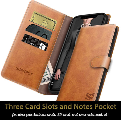 SUANPOT Leather Wallet Case for iPhone 12/12 Pro, RFID Blocking, Card Holder, Shockproof Flip Cover, Light Brown