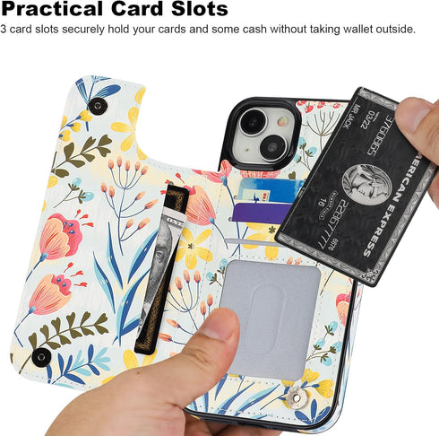 HAOPINSH Wallet Case for iPhone 15 Plus, Floral Flower Pattern, PU Leather Kickstand with Card Slots for Women