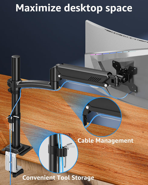 MOUNTUP 4.4-22lbs, 32 27 24 22inch, C-ClampGrommet Single Monitor Arm Holds Monitor Stand for Desk, Height Adjustable