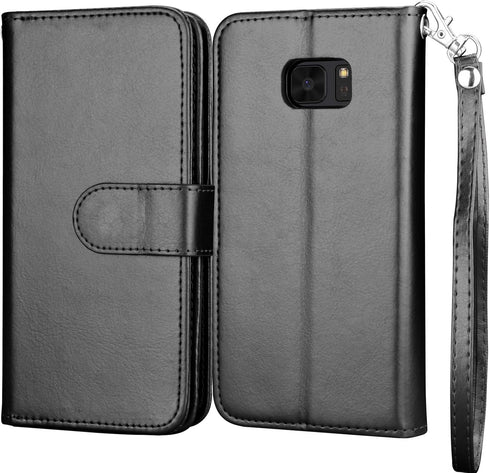 Njjex Wallet Case for Galaxy S7, Luxury PU Leather with 9 Card Slots, Detachable Kickstand, Magnetic Closure (Black)