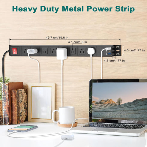 QBA 8 Outlet Heavy Duty Power Strip with USB C, 6ft Cord, Wall Mount for Home Office