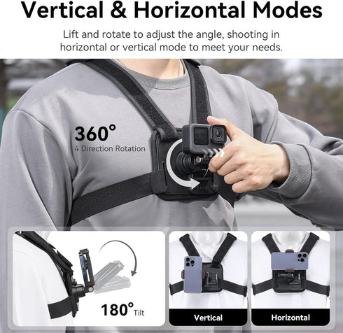 ULANZI CM028 Adjustable Chest Mount Harness with Vertical/Horizontal Switching for GoPro DJI Insta360 Action Cameras -