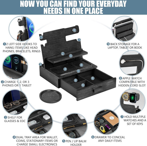 Black Wood Phone Docking Station - Nightstand Organizer for 3 Phones with Drawer for Valuables, Apple Watch Compatible