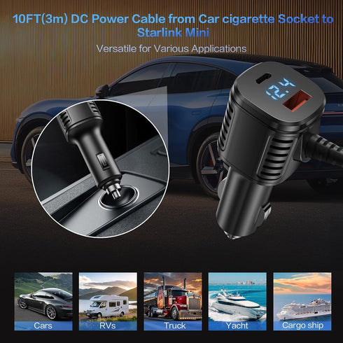HAILOLY 3 1 12V-48V 10FT Starlink Mini Cable, in Starlink Mini Car Charger DC Power Cable+ Cigarette Lighter Adapter