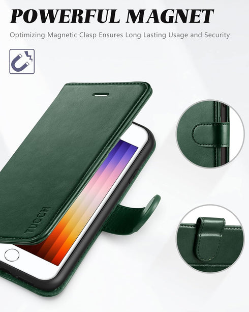 TUCCH Wallet Case for iPhone SE 2022/SE 2020/8/7, PU Leather Folio with Stand, Card Slot, Midnight Green