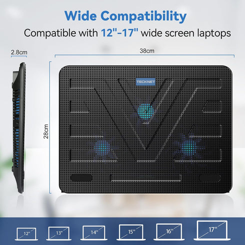 TECKNET Black Laptop Cooling Pad - Portable Slim USB Powered Stand with 3 Blue LED Fans, Fits 12-17 Inches