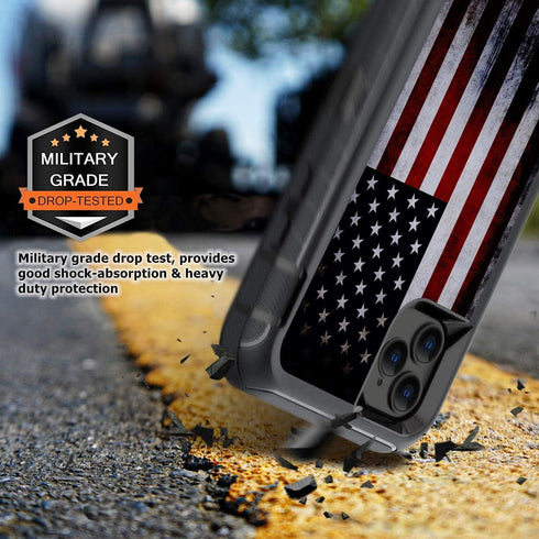 Compatible iPhone 12 Case with Screen Protector, Retro American Flag Design for Men Boys, 3-in-1 Heavy Duty Protection