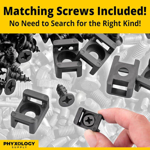 Pro-Grade Slim 1x .6 Cable Tie Mounts with Screws, 100 Pack, Black Zip Tie Bases for Wire Management