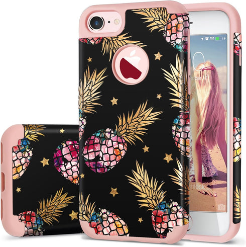 Fingic iPhone 8/iPhone 7 Case - Pineapple Design, Slim Fit, Hard PC & Soft Silicone Cover, Black/Pink