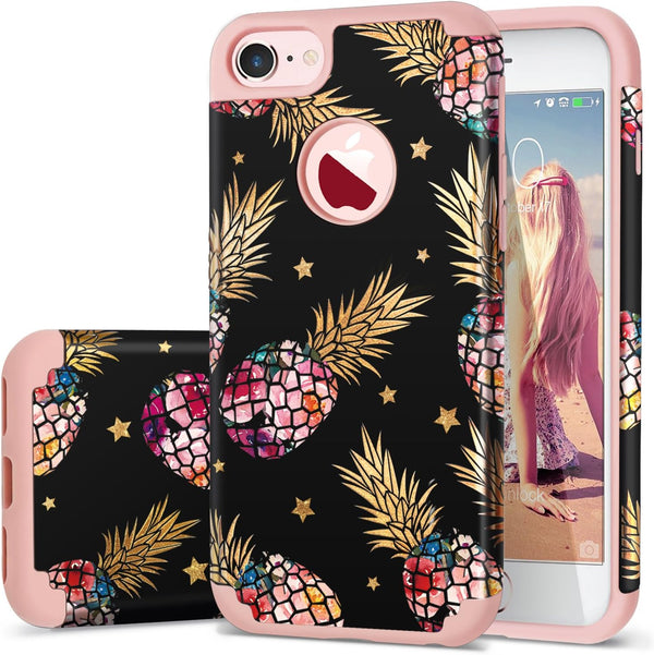 Fingic iPhone 8/iPhone 7 Case - Pineapple Design, Slim Fit, Hard PC & Soft Silicone Cover, Black/Pink