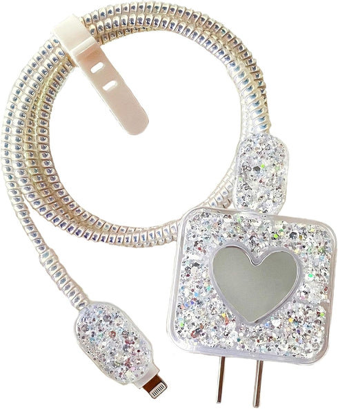 Cable Protector for iPhone Charger, Sparkle Love Heart Design for Women, Luxury Soft Data Line Cover (Silver)