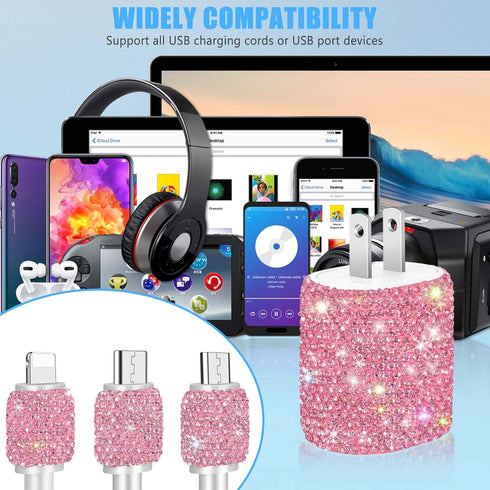 Bling 3-in-1 USB Wall Charger & Cable for iPhone/Android, Pink Crystal Decor, Multi USB Cord, Cell Phone Accessories.