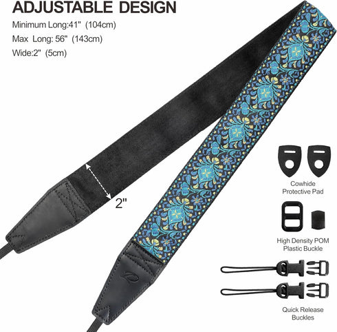 Padwa Lifestyle Camera Strap - 2" Full Grain Leather Ends, Vintage Embroidered Cotton Weave, Padded Strap for All