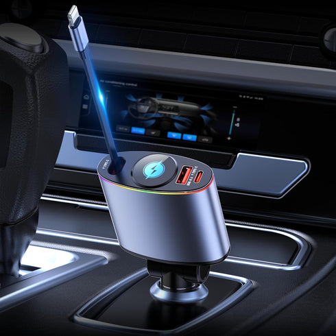 Topume 60W Fast Charging Retractable Car Charger, 2.9FT Cable for iPhone with Colorful Ambient Lighting, Galaxy