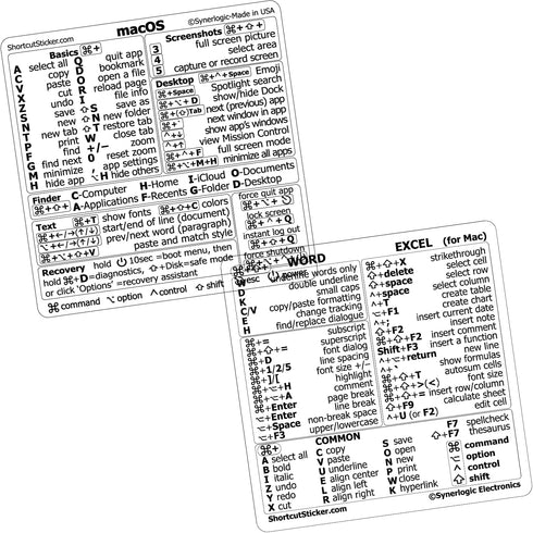 SYNERLOGIC Quick Reference Keyboard Shortcut Stickers for Mac OS (M/Intel) - 1 Set for MacBook Air/Pro/iMac/Mini (Clear)
