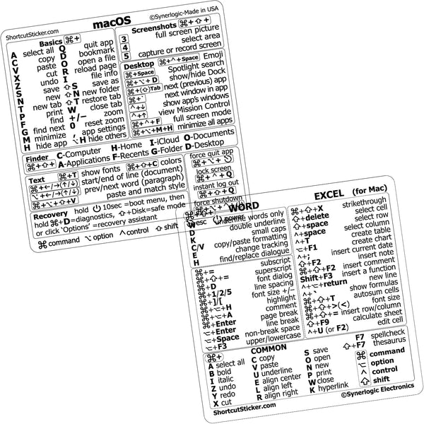 SYNERLOGIC Quick Reference Keyboard Shortcut Stickers for Mac OS (M/Intel) - 1 Set for MacBook Air/Pro/iMac/Mini (Clear)